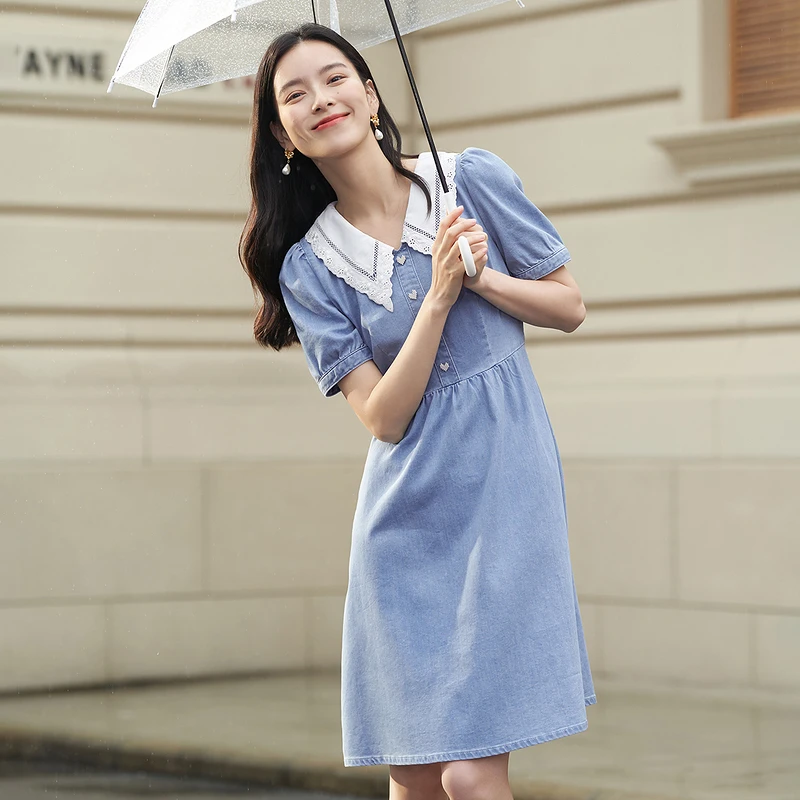 茵曼夏季女连衣裙蕾丝子短袖新款牛仔休闲A字裙娃娃女士泡泡袖