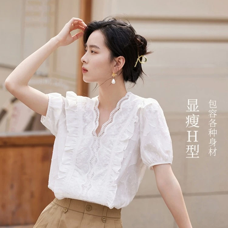 【视频同款】茵曼夏季女衬衫衬衣上衣短袖新款女士泡泡袖休闲显瘦