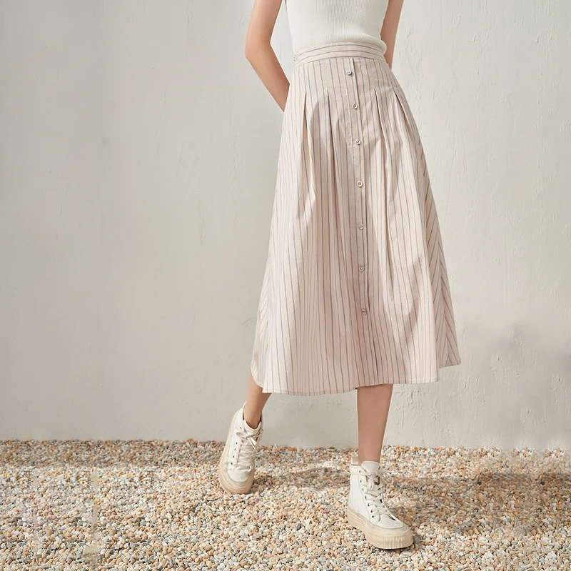 【双12提前购】茵曼夏季宽松气质高腰显瘦百搭港风学院竖纹半身裙