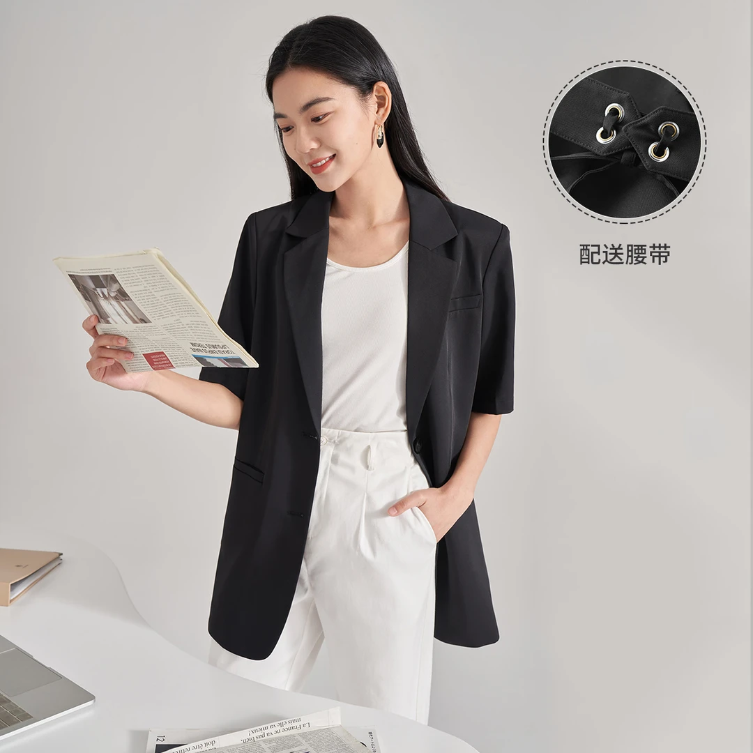 【商场同款】茵曼夏季女西装外套休闲上衣气质通勤百搭短袖腰带纯色