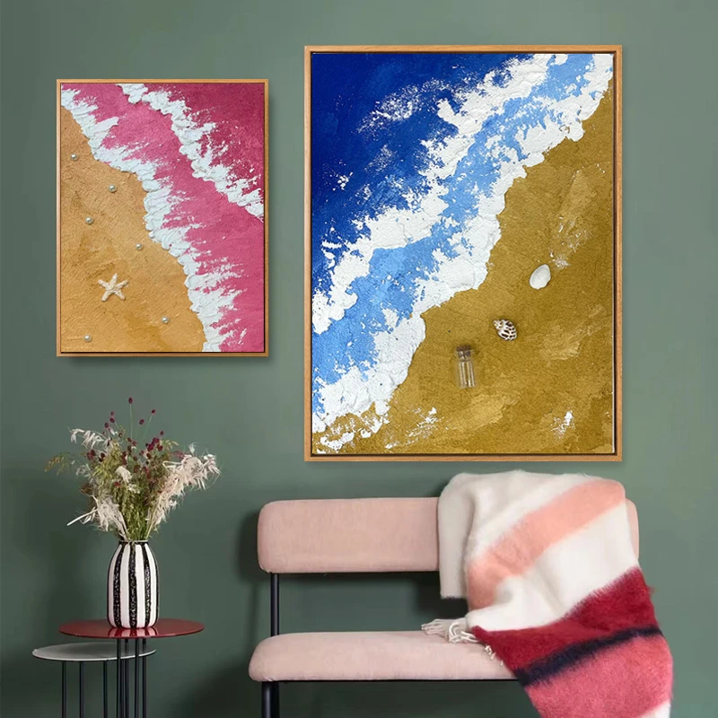 diy粉色沙滩网红cc同款丙烯立体肌理画石英砂沙滩装饰画