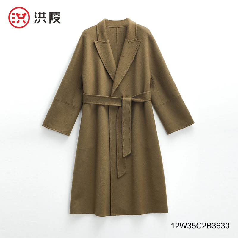 洪陵【哥伦布】女士浴袍款山羊绒大衣进口高端面料毛呢大衣3630