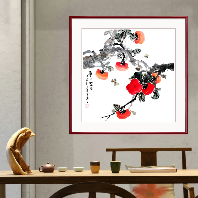 纯手绘国画作品花鸟画果蔬图柿柿如意带框画柿子图柿柿如意