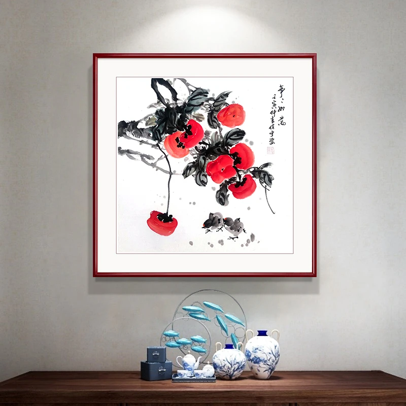 纯手绘木制国画花鸟画柿柿如意带框画柿子图事事如意水墨画