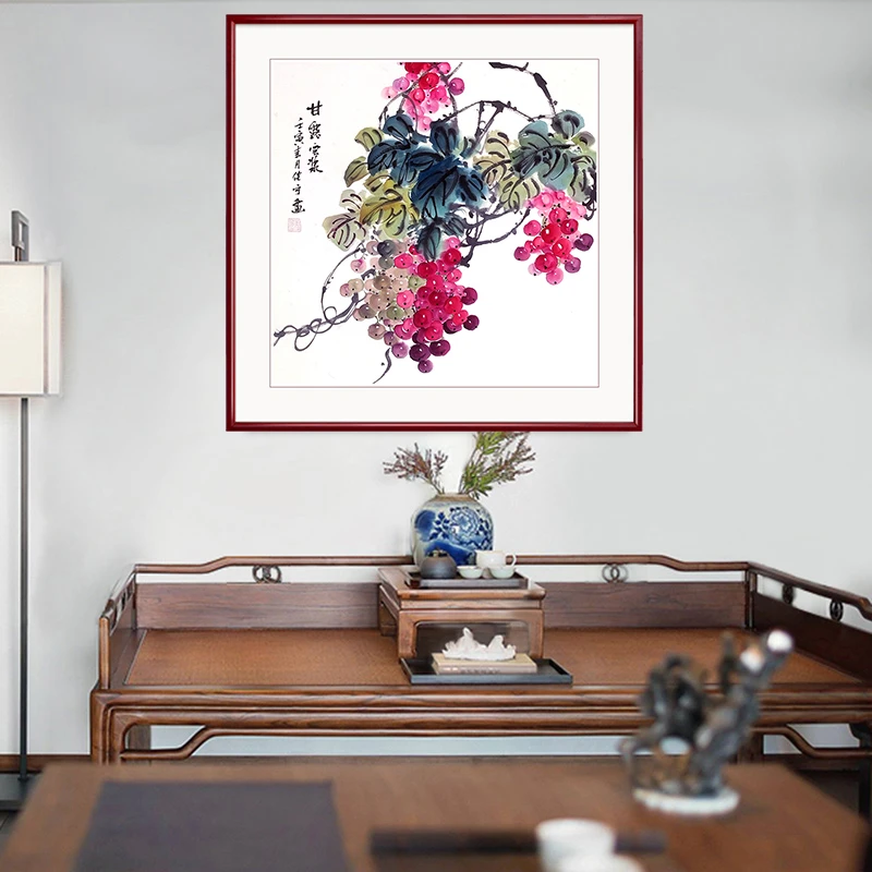 纯手绘国画花鸟画果蔬图葡萄画餐厅挂画中式装饰画水墨画带框
