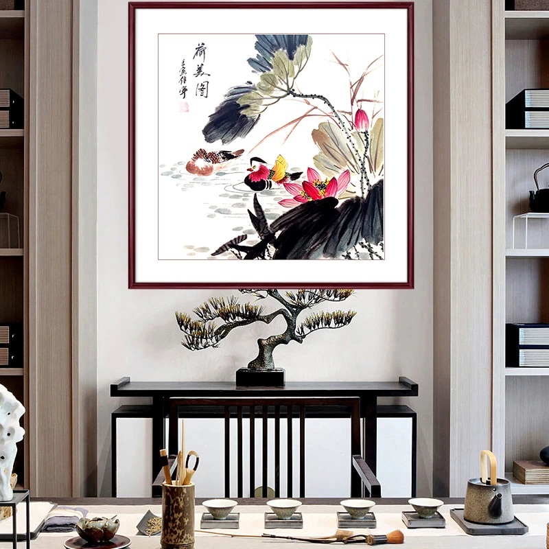 国画花鸟画卧室餐厅挂画荷花鸳鸯图水墨画纯手绘实木框中式画