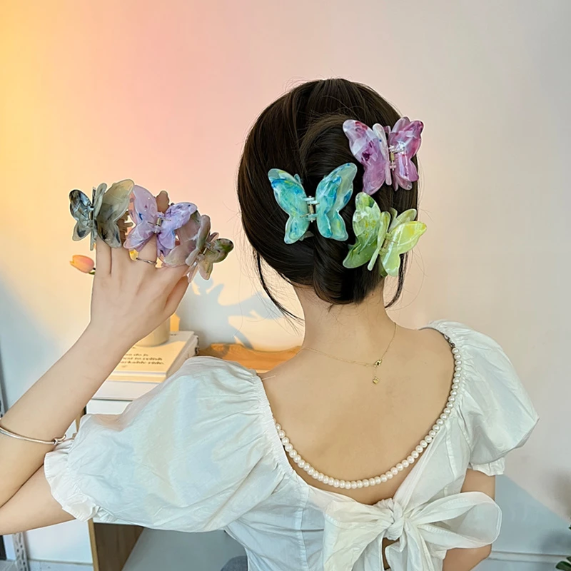 双层幻彩撞色蝴蝶抓夹发夹后脑勺鲨鱼夹发饰女