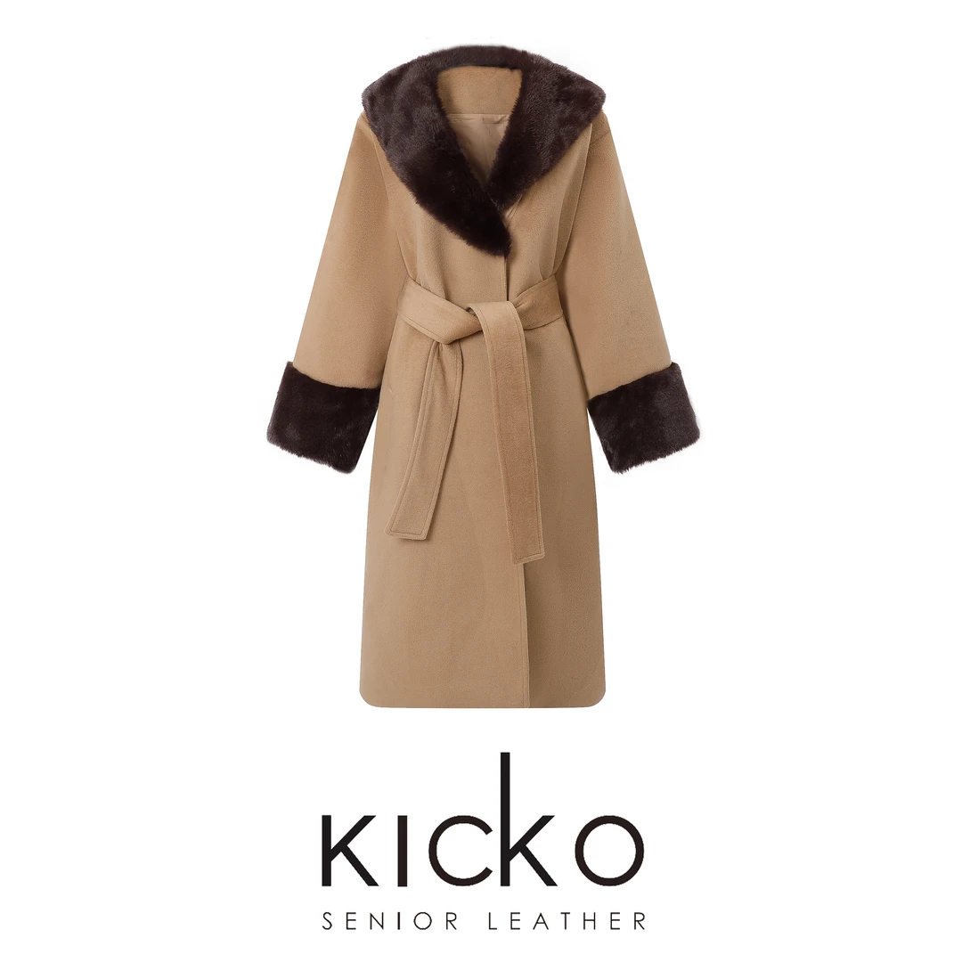 KICKO C秋冬新款驼色复古中长款毛呢外套收腰系带大衣22AWcw0011
