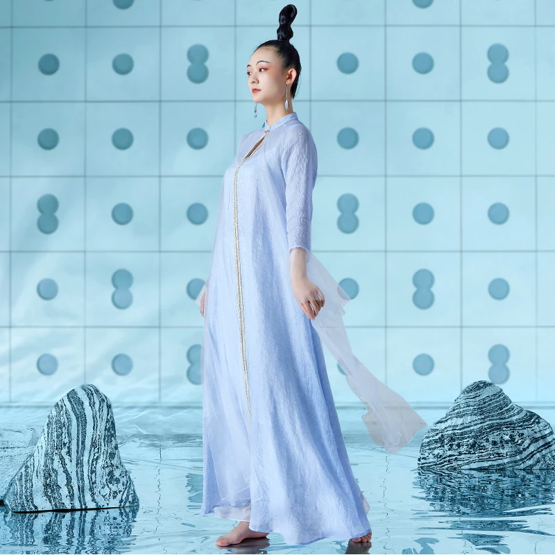 茶服女禅意文艺中国风夏季拼接网纱亚麻宽松品牌高端女装日常款