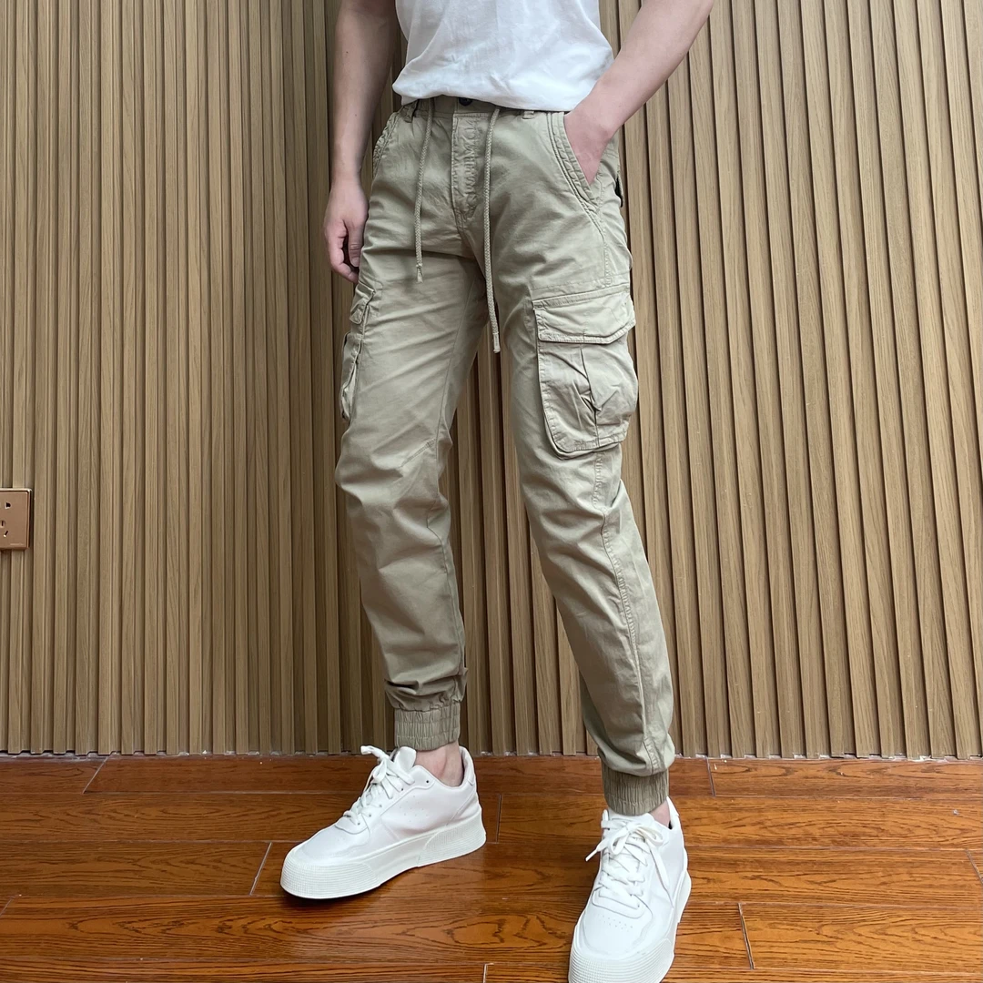 春夏季男士高腰工装裤多口袋休闲裤子水洗青年纯色修身束脚裤男