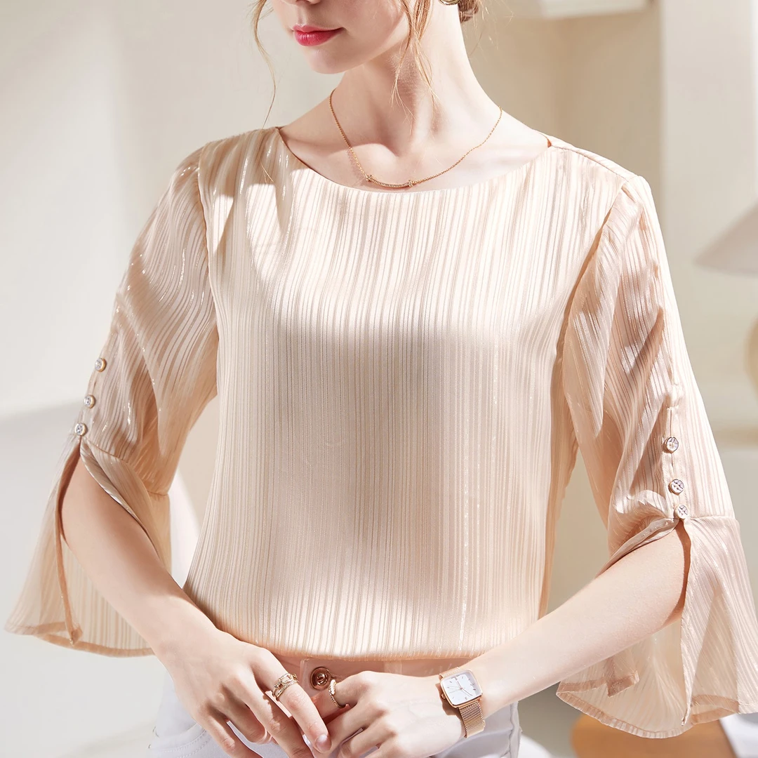 一字肩雪纺衫女2024新款气质洋气小衫七分袖上衣喇叭袖时尚DY111