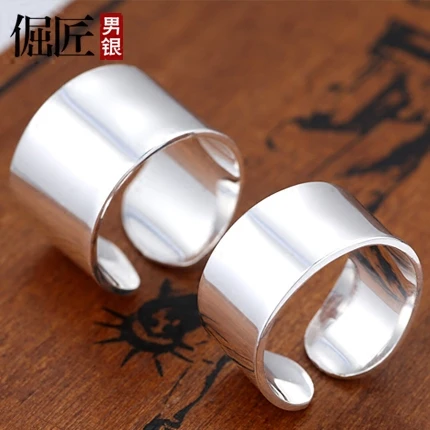 倔匠 足银戒指 999纯银男士戒指宽女情侣对戒素圈足银开口扳指