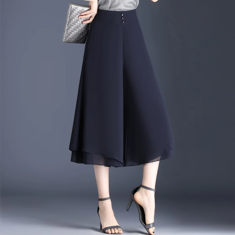 雪纺阔腿裤八分裤女2023春夏新款高腰显瘦宽松垂感休闲裤大码裙裤