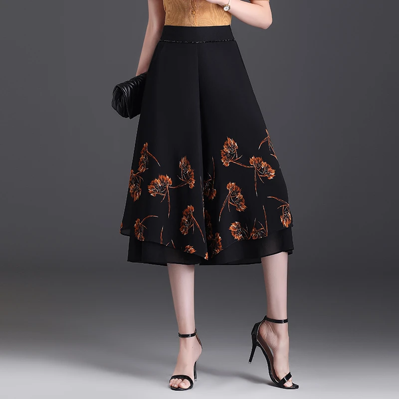 雪纺阔腿裤女裤夏季薄款高腰2025新款宽松显瘦七分黑色裙裤子