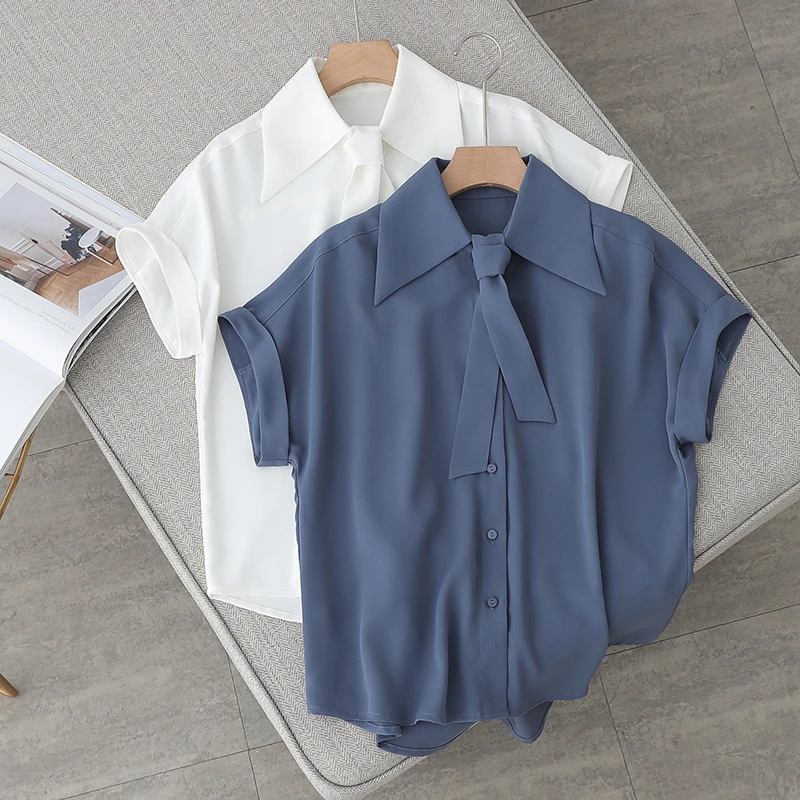 花语FC【欢乐颂】夏款双穿领结飘带气质短袖女式衬衫-1627