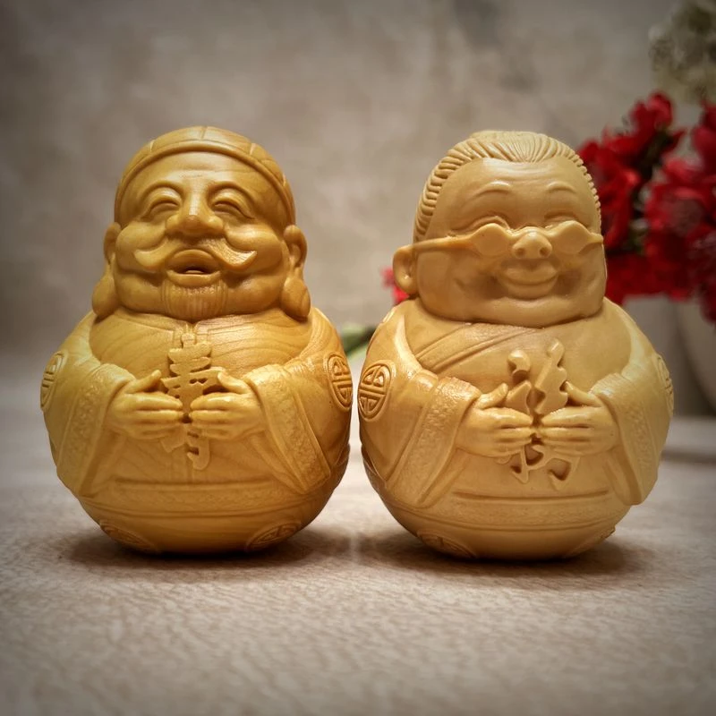 小叶黄杨木寿公寿婆摆件 实木根雕工艺品家居装饰品