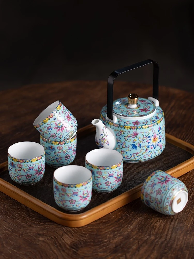 珐琅彩复古茶具套装家用中式客厅整套景德镇茶具陶瓷提梁茶壶茶杯