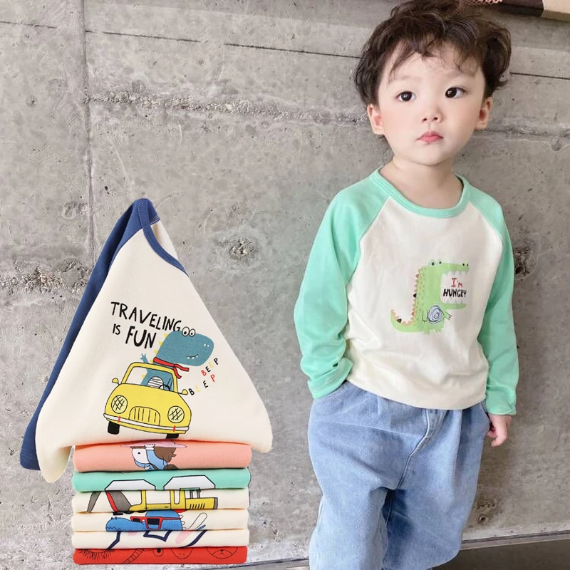 男女童春秋纯棉吸汗弹力打底衫宝宝时尚百搭圆领拼接长袖T桖幼儿