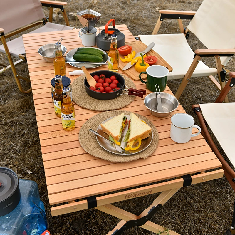 Hispeed/旗速户外实木蛋卷桌便携式折叠桌椅野外露营餐桌野餐桌子