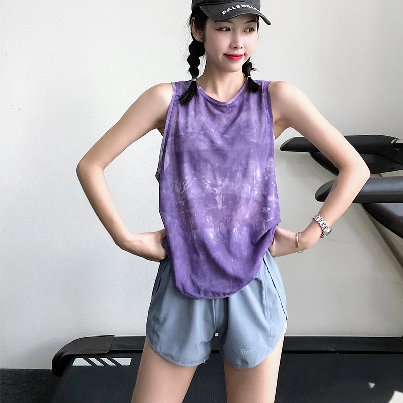 annerun网纱无袖运动上衣女宽松透气速干衣跑步罩衫薄款T恤瑜伽服