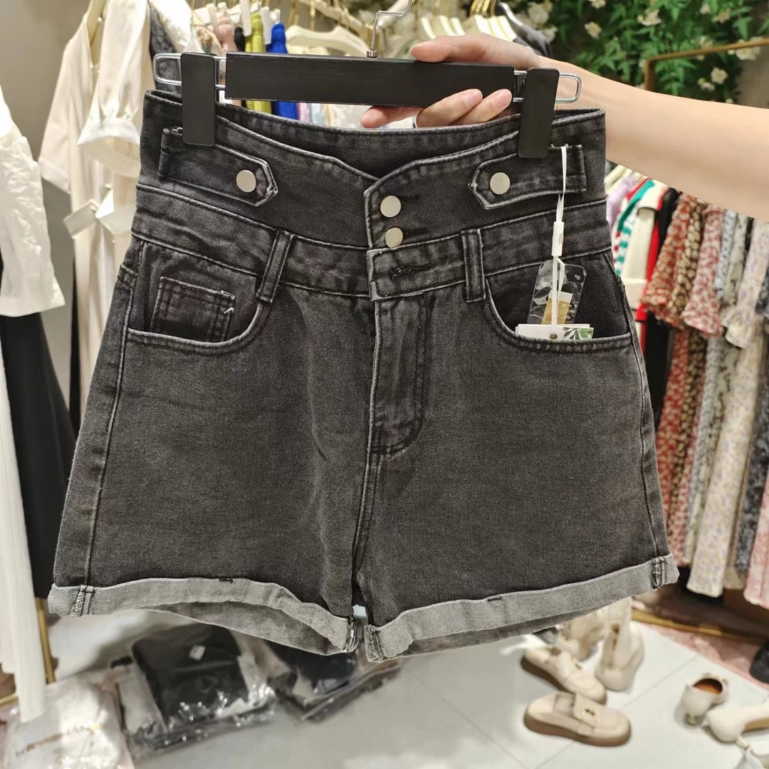 【清货不退换】W-707高腰三粒扣A字版卷边牛仔短裤时尚显瘦韩版