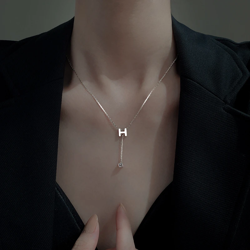 吊坠925银 925纯银H字母项链女夏新款潮小众轻奢设计高级感锁骨链