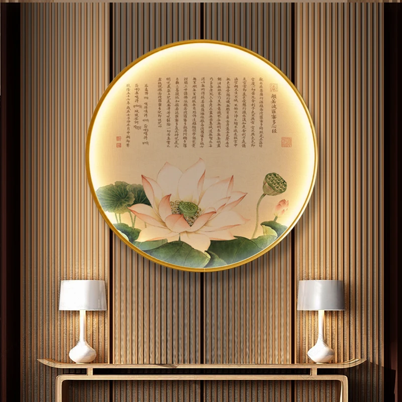 新中式心经圆形装饰画玄关发光挂画莲花荷花壁画会所led暖光墙画