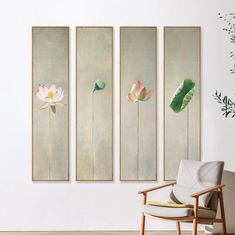 新中式禅意荷花装饰画茶室经典背景墙画竖版长条墙面装饰莲花挂画