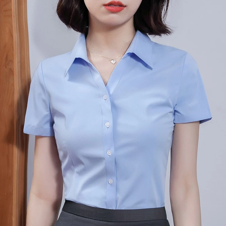 职业蓝色衬衫女短袖修身气质工作服正装夏季薄款抗皱免烫工装衬衣