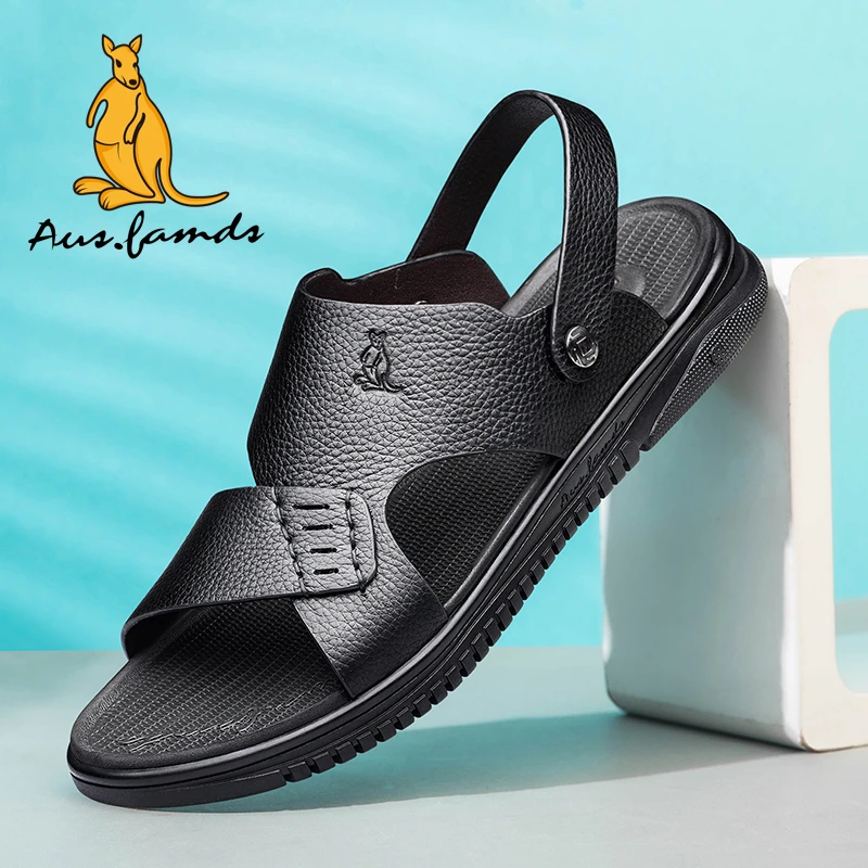 AUSFAMDS/澳洲名袋鼠凉鞋男夏季透气真皮沙滩鞋男生外穿开车拖鞋