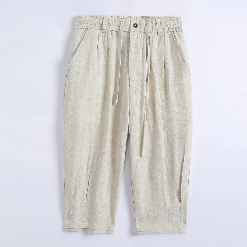 夏季亚麻休闲裤男夏季薄款透气七分裤宽松短裤阔腿裤男直筒