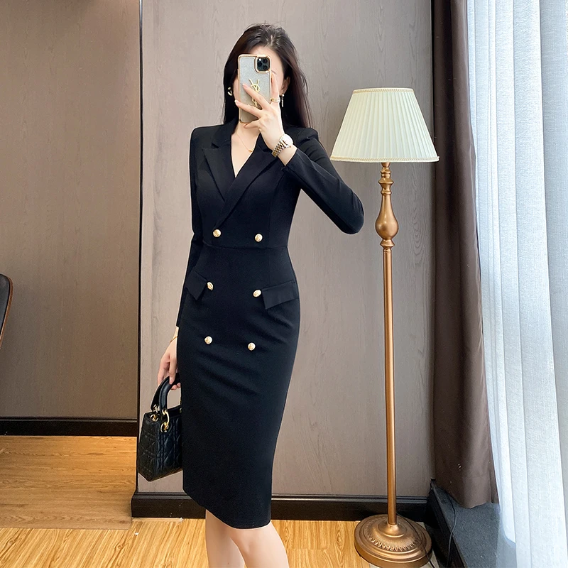 秋冬长袖西装连衣裙职业裙子包臀气质收腰显瘦赫本风轻奢小黑裙女