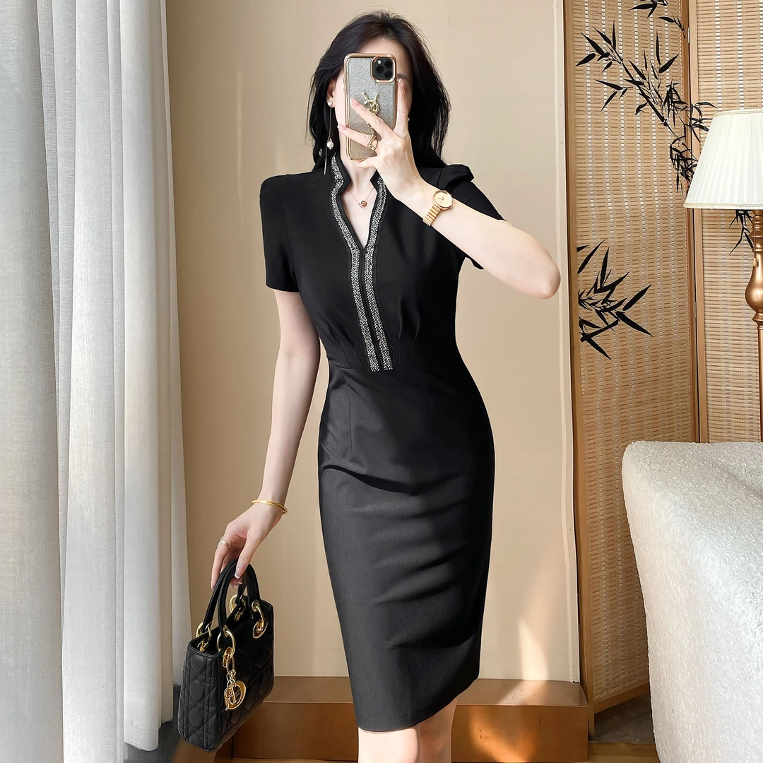 名媛连衣裙套裙黑色中裙轻熟风职场包臀气质夏季法式中长裙工作