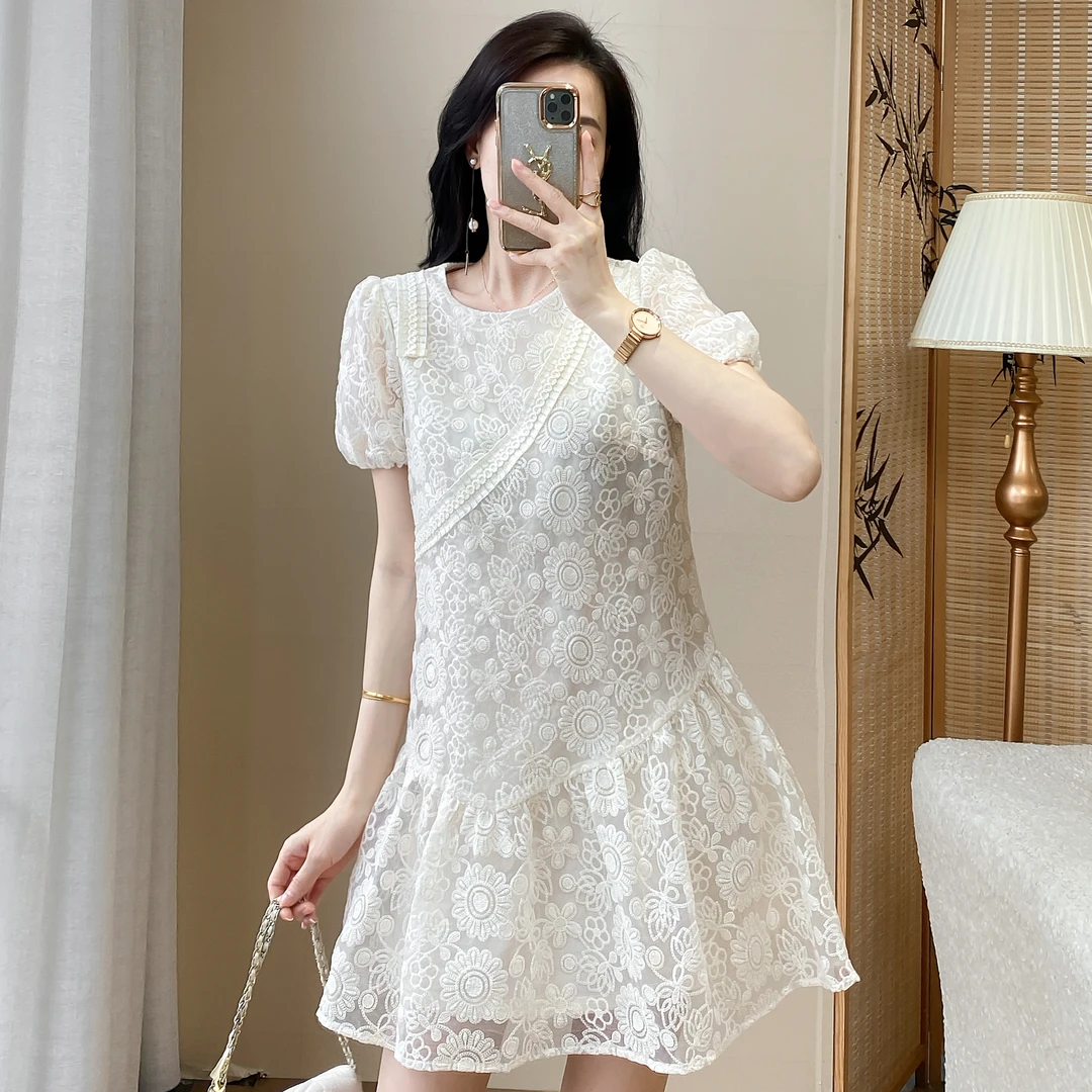 女装气质A字裙时尚旗袍复古连衣裙裙子收腰短袖夏季法式泡泡袖