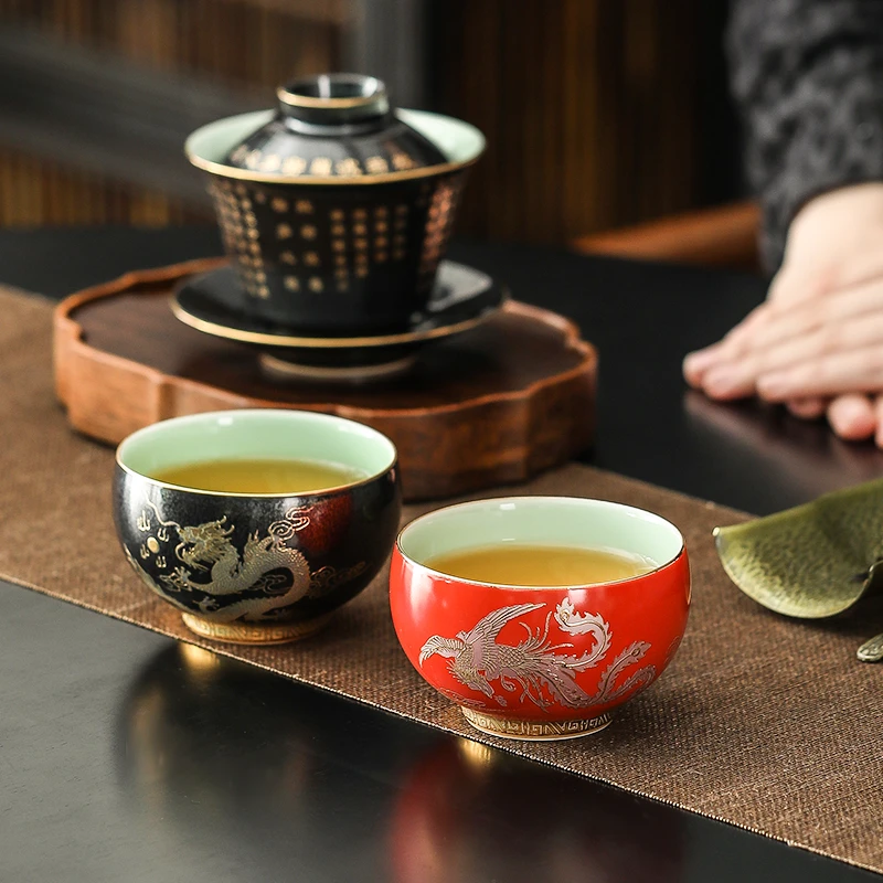 陶瓷龙凤主人杯双杯对杯描金茶盏茶杯个人专用单杯高档喝茶品茗杯