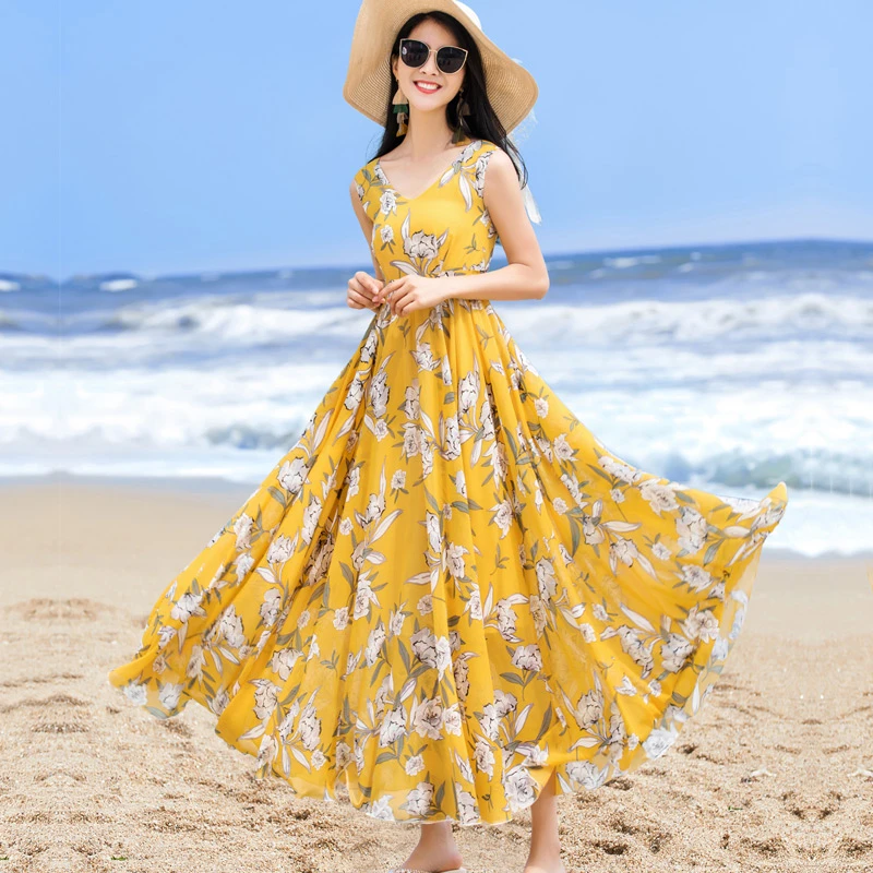 长裙女夏连衣裙到脚踝2023新款气质仙雪纺沙滩裙v领收腰显瘦系带