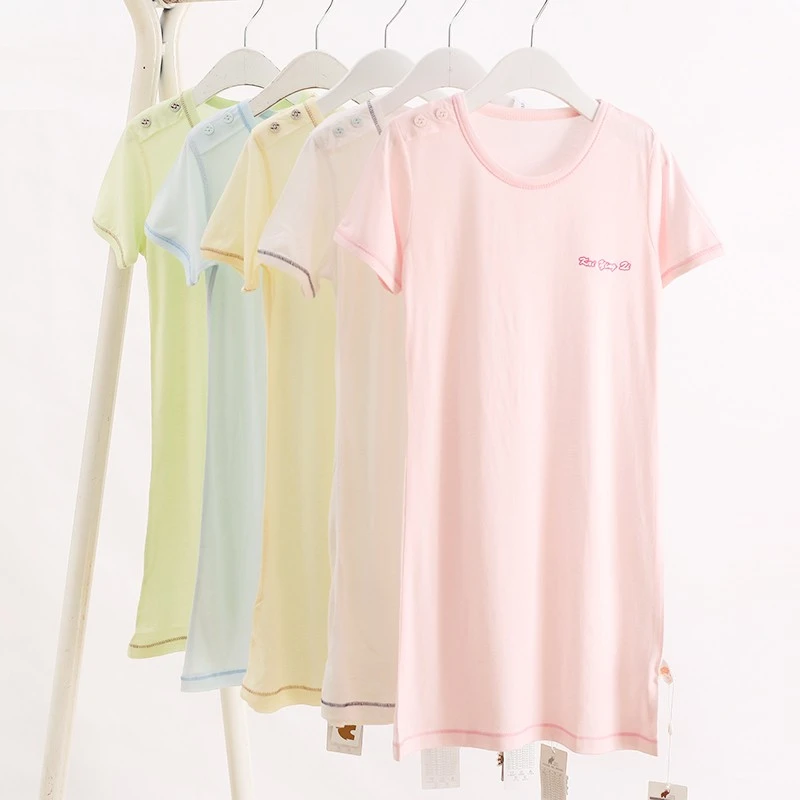 儿童短袖睡袍竹纤维夏季薄款女童男童睡裙连体宝宝睡衣莫代尔长款