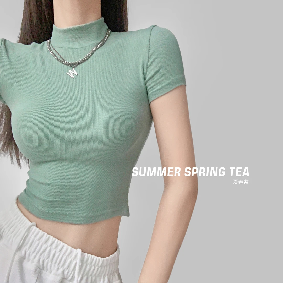 夏春茶欧美风半高领短袖T恤女夏季短款辣妹性感紧身露脐装上衣ins
