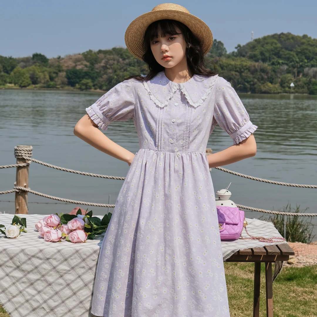 紫色雏菊 花崎鹿原创香芋紫小雏菊印花连衣裙少女学院风宽松长裙