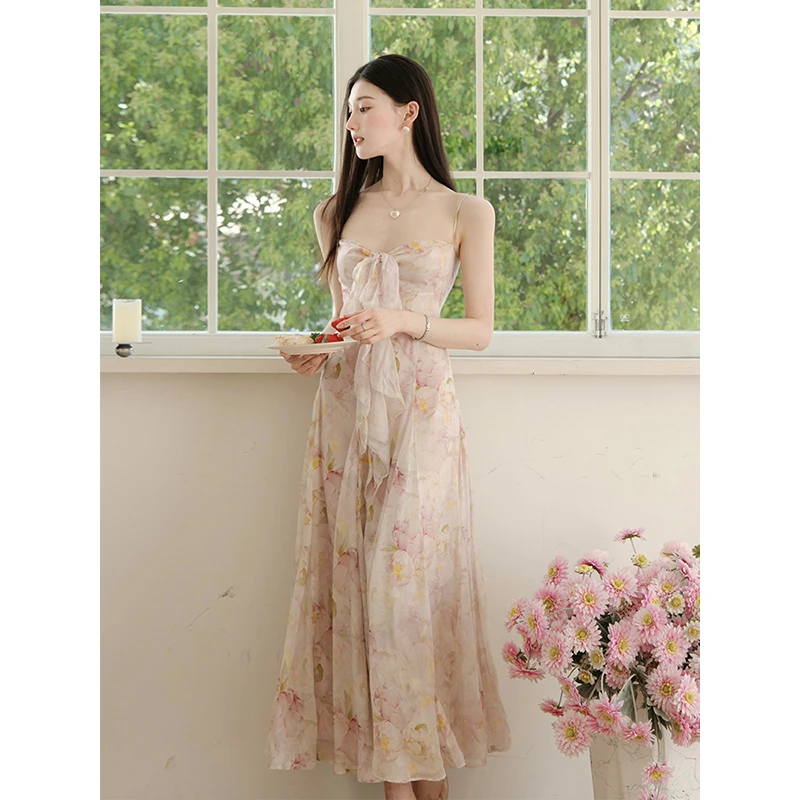 且可ChillCozy 坠入凡尘 桑蚕丝/雪纺印花碎花连衣裙