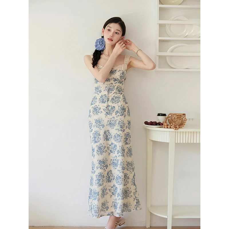 且可ChillCozy 盛夏来信 全棉印花抽绳拼接收腰长款鱼尾连衣裙女