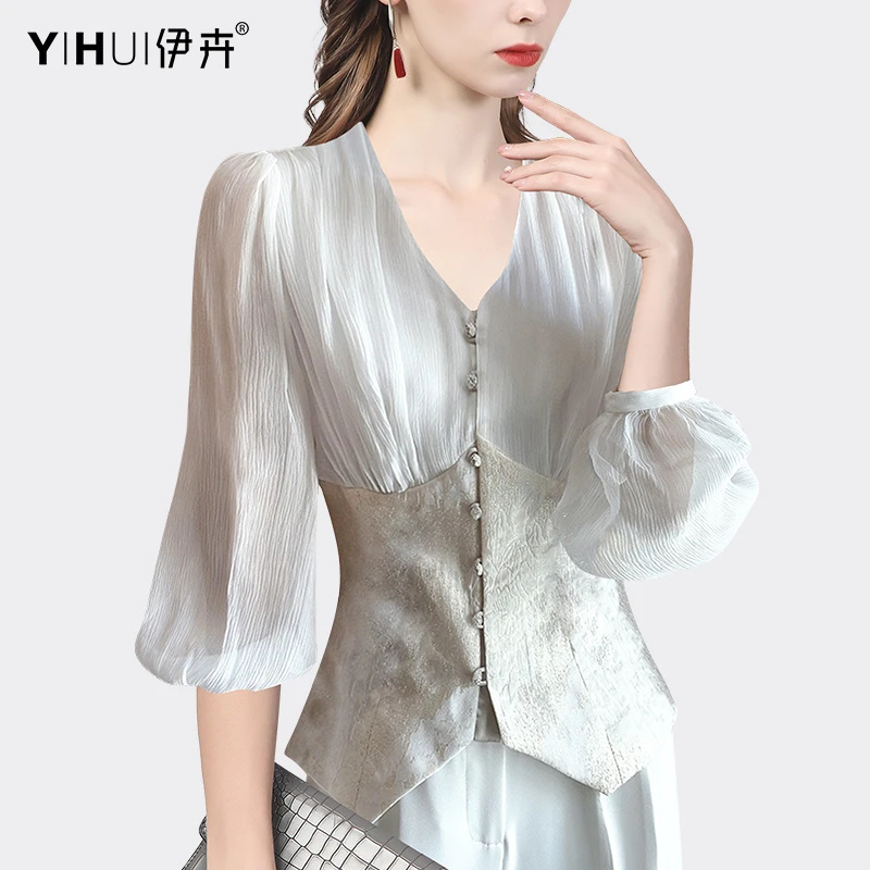 YIHUI伊卉雪纺衫上衣灯笼袖v领衬衫收腰显瘦短袖小衫百搭SF19968