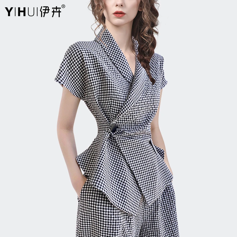 YIHUI伊卉欧洲站夏气质衬衫短袖上衣女格子收腰洋气衬衣SF20351
