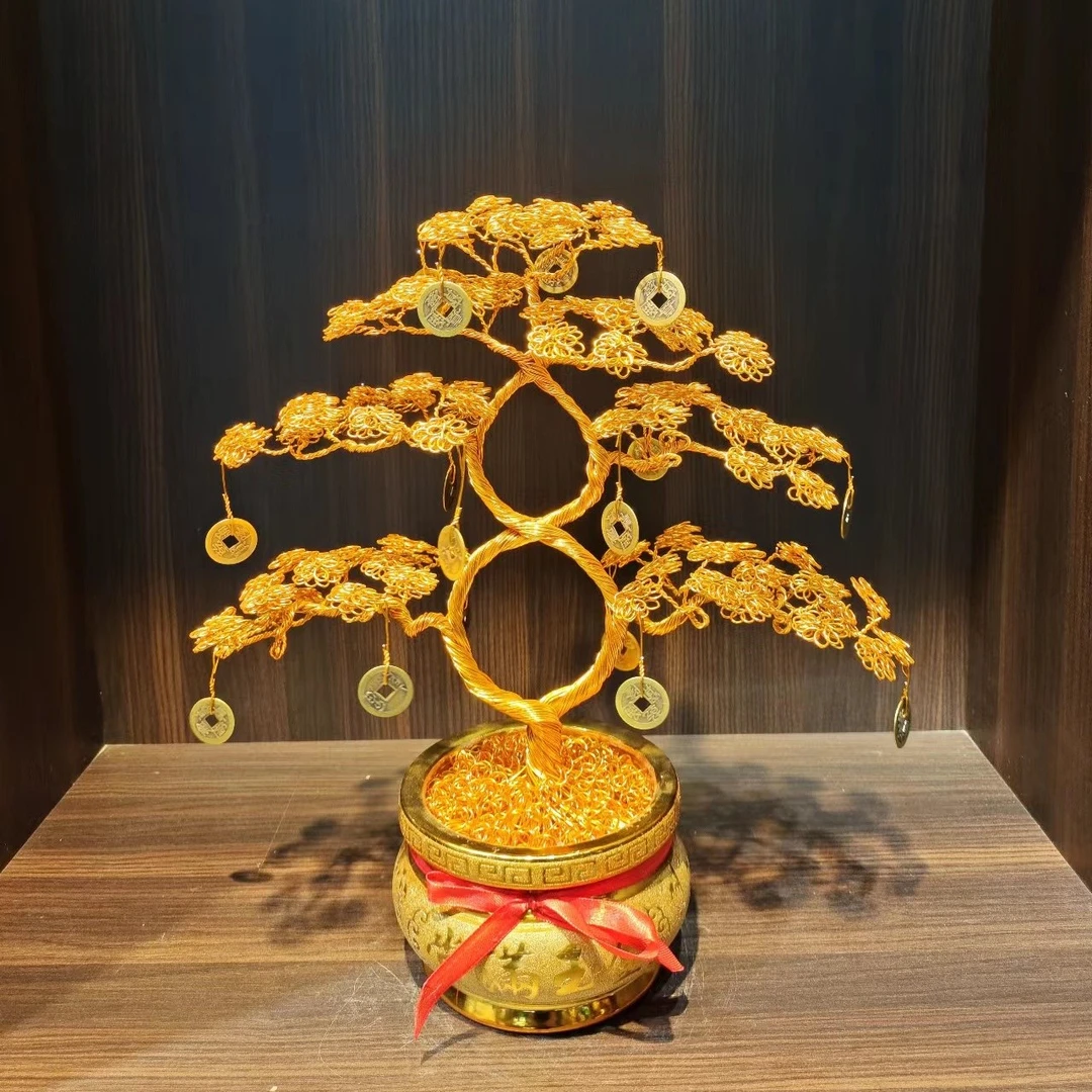 桌面摆件中式摇钱树工艺品创意手工大号福禄双全发财树40cm*35