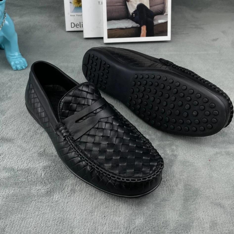 欧洲站潮流英伦低帮豆豆鞋时尚男士真皮韩版编织透气驾车商务鞋