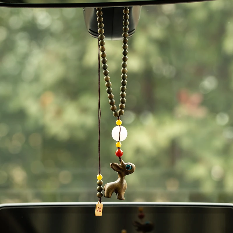栩匠一路平安檀木小鹿汽车后视镜挂件可爱车内饰车挂创意挂饰饰品