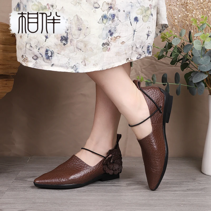 相伴【陌上花开】新款单鞋女浅口尖头妈妈百搭平底单鞋女鞋52010