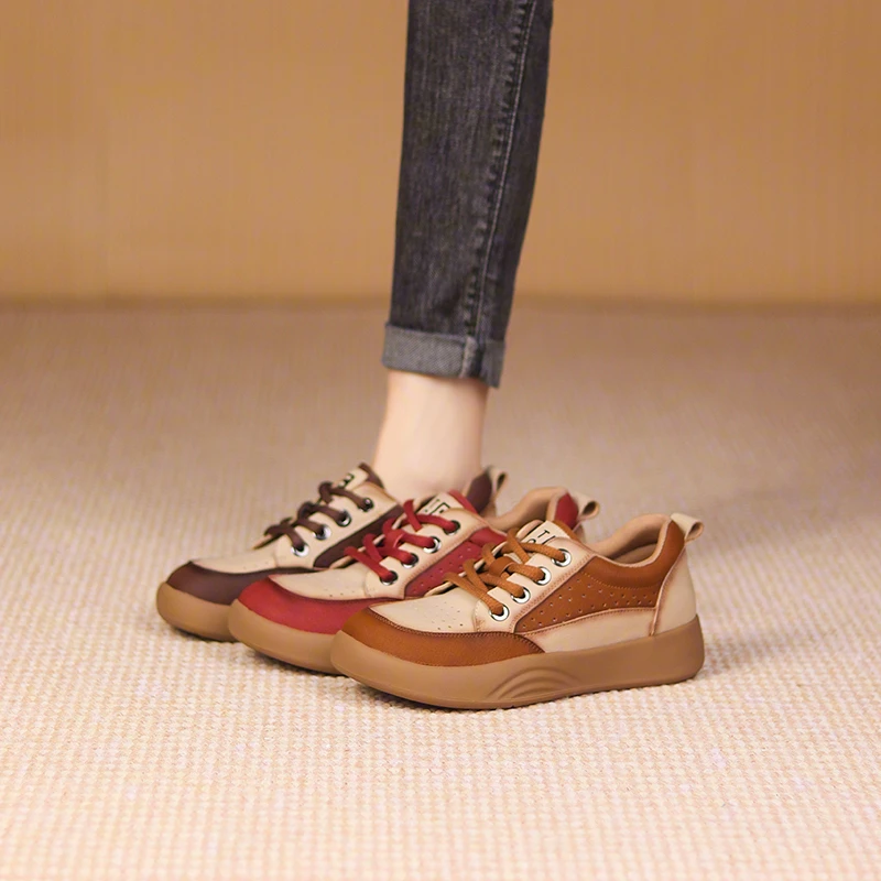 听纯6261秋季复古软底单鞋百搭平底圆头时尚休闲鞋真皮拼色女鞋