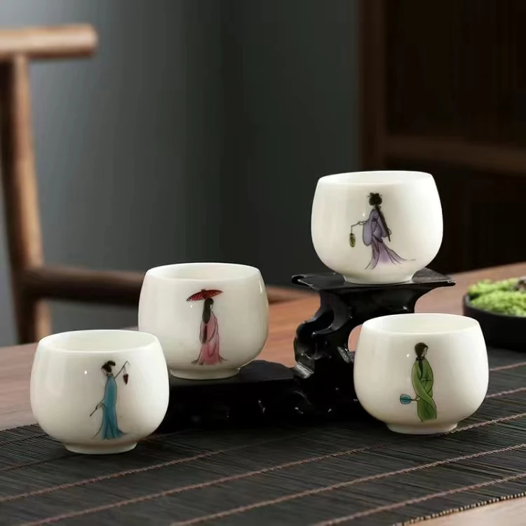 德化羊脂玉瓷中国白古风佳人四大美女主人杯家用个人杯品茗杯茶杯