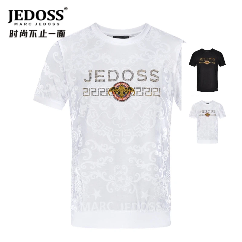 JEDOSS/爵迪斯男装夏季新款水晶砂刺绣提花短袖薄款圆领休闲日常